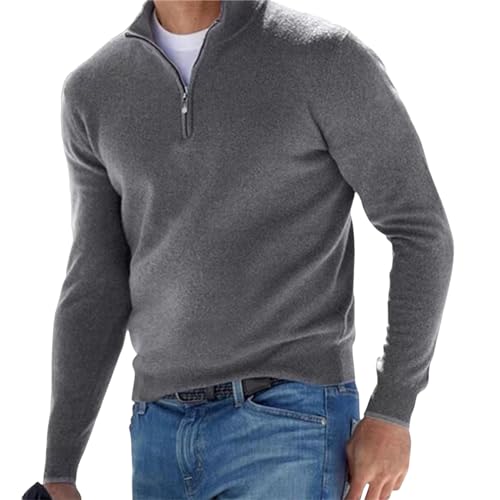Mens Casual Knitted Sweaters Mock Neck Quarter Zipper Long Sleeve Vintage Plain Pullover Slim Fit Knit Polo Sweater