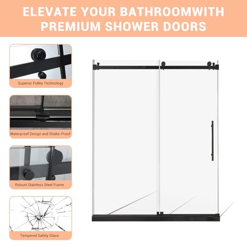 Image of Modern 60 inch w x 76 inch h (10Mm) Frameless Double Sliding Shower Door, Tempered Glass Shower Doors, Easy Installation for Walk-in Showers, Black Square Tube Black