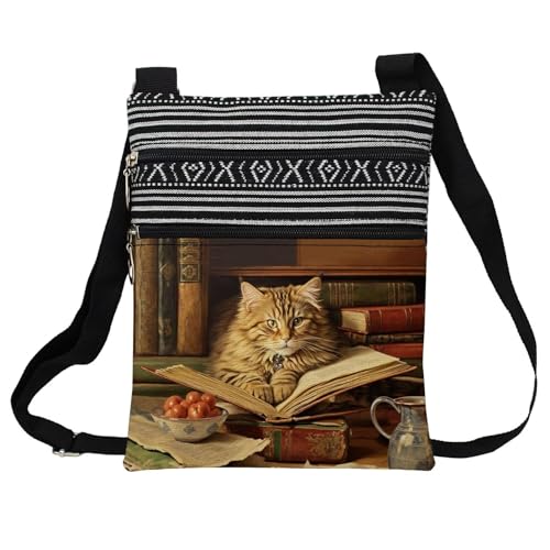 Book Cat Messenger Bag Small Ethnic Pattern Printed Adjustable Strap Crossbody Zipper Bag Book Cat Phone Bag Wallet Cute Shoulder Handbag for Women