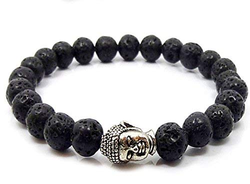 CMEI Stretchable Natural Gemstone Bracelet Chakra Gems Stones Healing Crystal Quartz Women Men Girls Birthday Gifts (Unisex) (Black Lava Buddha)