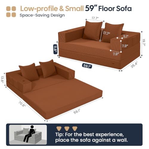 Image of COMAX Futon Sofa Bed, 4‑in‑1 Convertible Sofa Bed, Folding Boneless Couches | Boneless Couch for living room, Fold Out Small Foldable Loveseat Floor Sleeper Mattress Lounge Space‑Saving, Orange