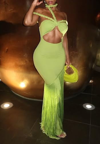 Image of Kwunbwa Women's Sexy Halter Backless Maxi Dress Cut Out Sleeveless Bodycon Long Fringes Club Party Cocktail Dresses