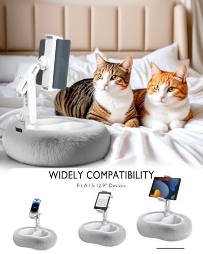 Tablet Pillow Stand, Compatible with 4.7"-12.9" Kindle, iPad, Phone/Tablet, Google, 360° Rotating Phone Holder for Bed, Detachable Bowl, Reading and Relaxation on Bed, Gray, Large (Faux Fur Pillow)