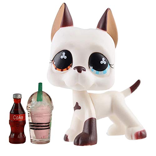 LovePets lps Great Dane 577, lps Great Dane Dog White and Brown Two Different Eyes with lps Accessories Drinks