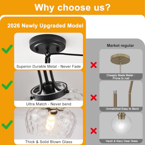 Image of Plug in Pendant Lights Kitchen Island, Modern Matte Black Pendant Light Fixtures with 10 inch Clear Hammered Glass Shade, Industrial Hanging Pendant Lights Fixture for Kitchen Island Dining Room Entryway