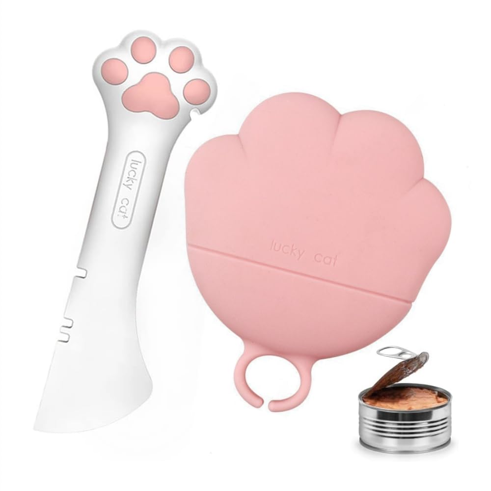 Pegzherx Pink,White Cover For Pets Can Food Cat Wet Food Spoon Multi-Functional Pet Can Supplies Set Cute Paw Shape For Pet Cat Dog Universal