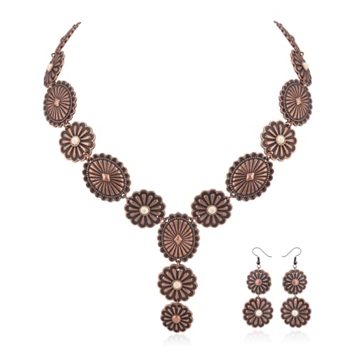 Rustic Couture's Western Concho Floral Necklace Jewelry Set for Women 2 Pieces Cowgirl Vintage Turquoise Necklace Earring Set RNS-1013WT