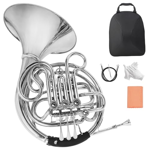 Double French horn, French horn?four keys in F/Bb tuning, selected brass, professional grade French horn detachable design, comes with French Horn Case, gloves, cleaning cloth and cleaning kit(silver)