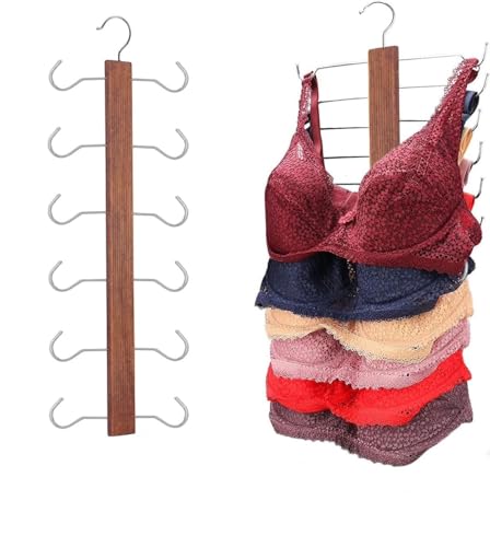 Image of BLOOMAX 3 Pcs Wooden Accessories & Bra Hangers - 24-Inch Walnut Polished, 12 Storage Hooks, 360 Rotating Chrome Hook (Space Saving for Bra, Scarf, Tie, Belt)