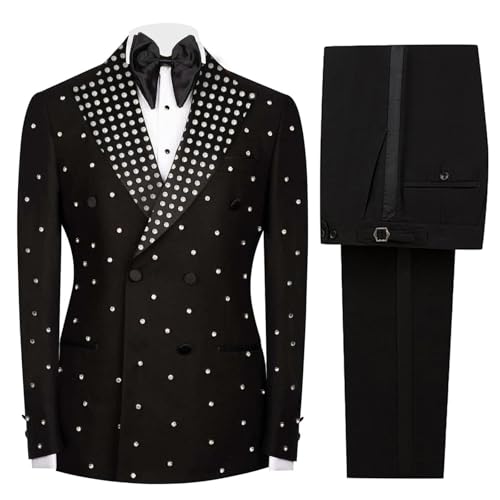 Mens 2 Pieces Tuxedo Suit Slim Fit Double Breasted Blazers Pants Outfit with Shiny Handmade Rhinestone