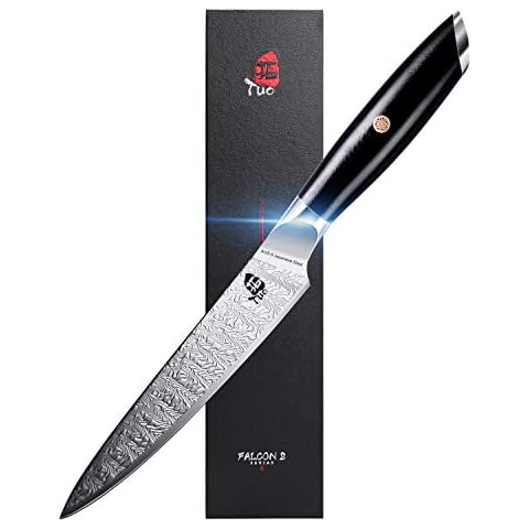 TUO Kitchen Utility Knife, 5 inch Paring Knife, Forged AUS-8 Japanese Steel, Non-Serrated Steak Knife, Ergonomic G10 Full Tang Handle with Gift Box, Falcon S Series Cover