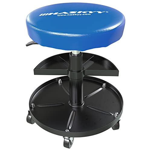 Tabouret Haskyy à roulettes Bleu I Tabouret d'atelier réglable en Hauteur et pivotant à 360° I Ø 38,5 cm I 2 étagères I 390-520mm