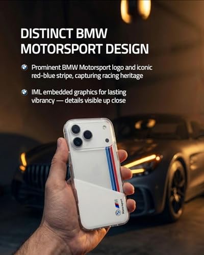 Image of CG MOBILE BMW [Official Licensed] Protective Case Designed for iPhone 17 Pro Max |Motorsport Collection|IML Printed Case with Vertical Stripes - White