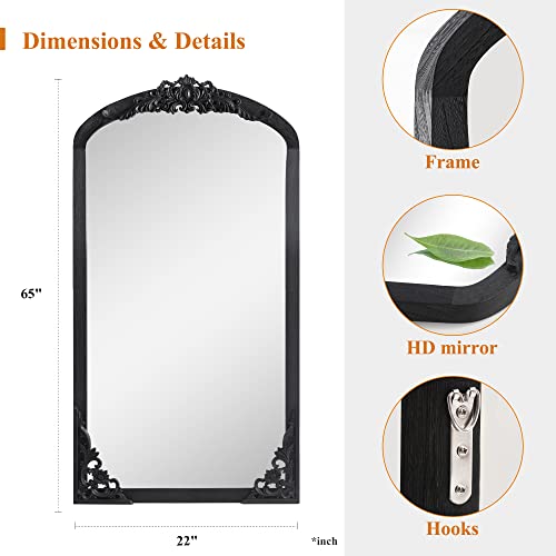 Neutype Arched Full Length Mirror Vintage Carved Mirror Solid Wood Frame Wall Mirror For Home Decor Bathroom Entryways Living Rooms Dressing Mirror, Black, 65"X 22" #TOP6