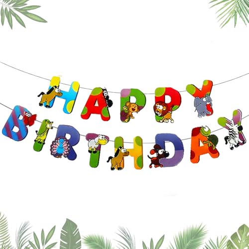Image of Wanna Party Safari Jungle Animals Happy Birthday Banner, Jungle Party Sign Theme Banner Decorations Supplies for Safari /Jungle Themed Birthday Decoration