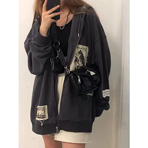 Alt Emo Clothes Women Oversized Zip Up Hoodies Rhinestone Y2k Aesthetic Skeleton Sweatshirts Grunge Gothic Jacket Streetwear (M,b) — view 5