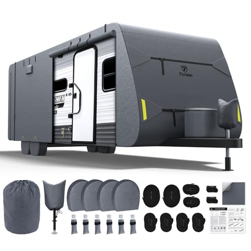 Fonzier RV Cover 22-24ft: Extra Thick 7 Layers Travel Trailer Cover with 4 Tire Covers, Waterproof Camper Cover, Extra Windproof Ropes, Gutter Cover, Rip-Stop Anti-UV