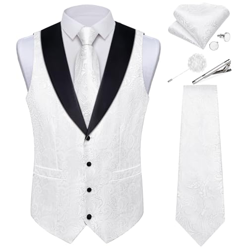Image of DiBanGu Mens Paisley Suit Vest Silk Jacquard Waistcoat and Necktie Set Formal Shawl Collar Dress Vest 7PCS for Wedding Party
