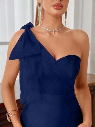 Image of Mesh One Shoulder Bow Midi Dress Fishtail Bandage Cocktail Party Wedding Bridesmaid Evening Gown