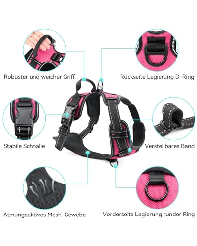 Joytale Hundegeschirr mittelgroße Hunde, reflektierendes Geschirr Hund,luftdurchlässige Hundegeschirr, verstellbares Brustgeschirr mit Griff beim Führen und Training, Rosa, M
