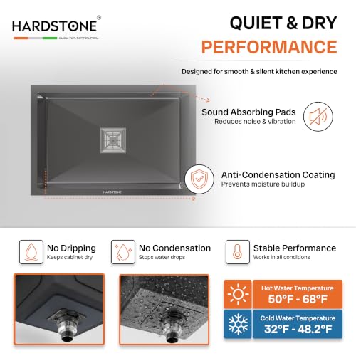 Image of HARDSTONE Premium Kitchen Sink | Single Bowl 24x18x9 Inch | Handmade Heavy Duty Stainless Steel Kitchen Basin with Matte Black Finish | Includes Waste Hose Pipe, Coupling & Compact Drying Rack | BLACK