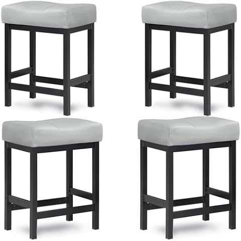 OUllUO Gray Bar Stools Set of 4, Counter Height Stools 24 Inch Saddle Stools, Faux Leather Modern Kitchen Barstools with Black Metal Frame, 5918P-GB4, 4Pcs Cover