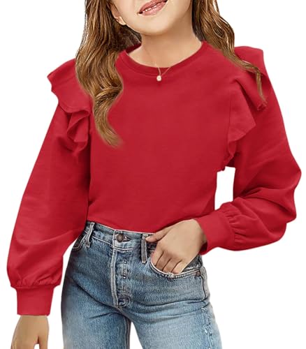 Zwurew Girls Shirts Long Sleeve Tops Red Casual Crewneck Ruffle Sweatshirts Spring Clothes for Girls 7-8 Years