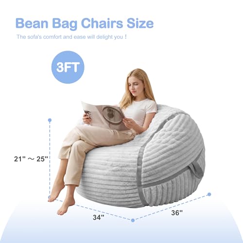 Image of 3FT Bean Bag Chair 3'Big Bean Bag Chairs with Adults, Large Beanbag Chair | Bean bags with Machine Washable Cover Corded Plush Fabric, Comfy Chairs for Living Room, Bedroom, Dorm, Lightgrey