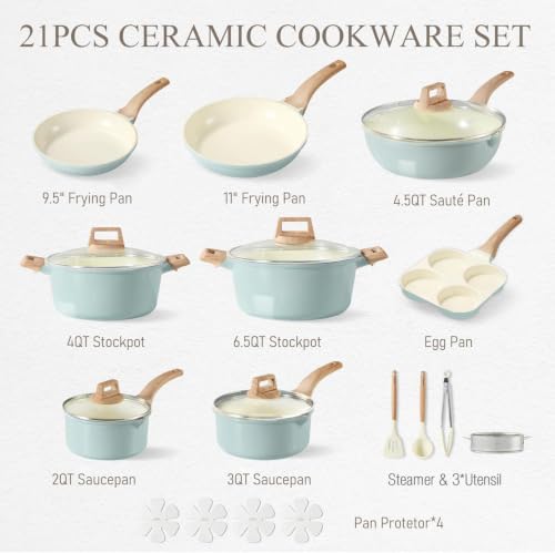 Image of CAROTE 21pcs Ceramic Cookware Sets, Pots and Pans Set Blue | Non-Toxic, Healthy Kitchen set, Induction Compatible, Easy Clean, Even Heating, PFAS FREE