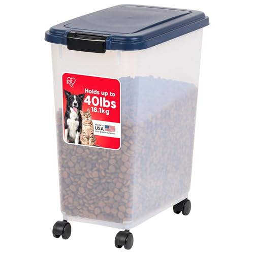 IRIS USA Airtight Dog Food Storage Container, Up to 40 lbs, Attachable Wheels, For Dog Cat Bird and Other Pet Food Storage Bin, Keep Fresh, Translucent Body, Easy Mobility, Navy