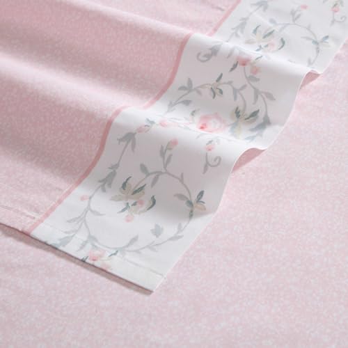 Image of Laura Ashley - Queen Size Sheet Set, Crisp & Lightweight Cotton Percale Bedding with Fitted Sheet and Pillowcases, Floral Room Decor, Deep Pocket, College Dorm Room Essentials (Victorian Scroll Pink)