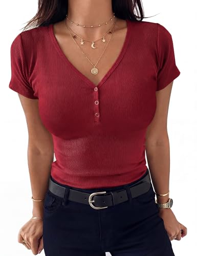 Aottori Summer T Shirt Women UK Short Sleeve Ribbed Tops Ladies V Neck Button Down Tee Shirts Sexy Fitted Plain Basic Tunic Top Red XL