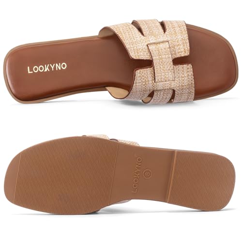 Image of Flat Sandals for Women Comfortable Slip On Dressy Summer Leather Slides with Square Open Toe