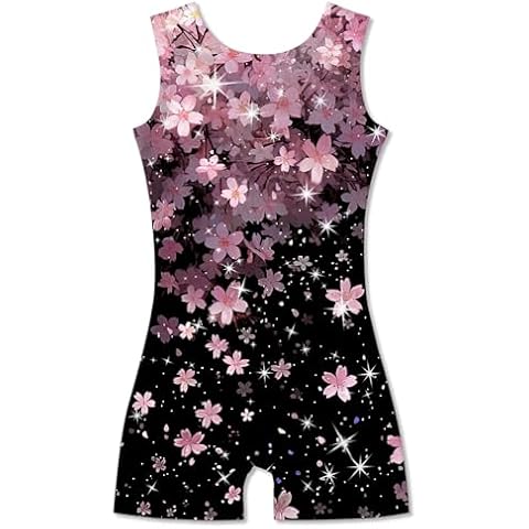 Idgreatim Girl's Gymnastics Biketards 5t Sparkly Pink Flower Print Biketards Leotards with Shorts Athletic Activewear Bodysuits for Ballet Dance 5-6 Years Old Cover