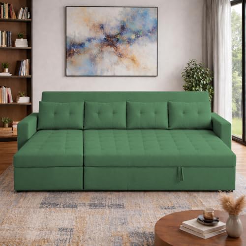 Image of Emilio 6 Seater LHS L - Shape Pull-Out Sofa Cum Bed Sofa for Living Room (Green Fabric Color) Premium Fabric Sofa Set for Living Room Sofa Cum Bed