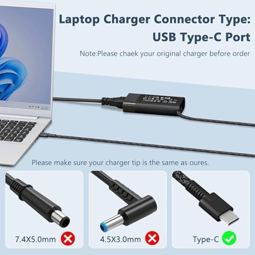 Image of 65W USB C Laptop Charger AC Adapter for HP Spectre X360,Spectre,Elitebook x360,Elitebook,Envy,Chromebook,Elite x2,ProBook Travel Type C (3 Pin with Power Cable) (H /P 65W Type-C)