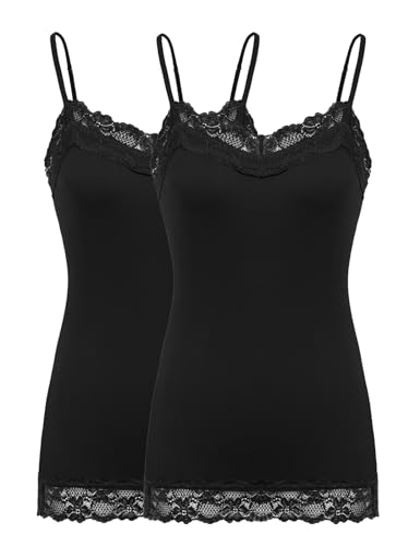Adjustable Spaghetti Strap Lace Trim Cami Tunic Tank Top(3XL,2 Pack-Black/Black)