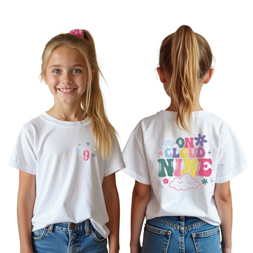 Image of 9th Birthday Shirt Girl On Cloud Nine Graphic Tee 9 Year Old Birthday Party T-Shirt Girl Summer Short Sleeve Top