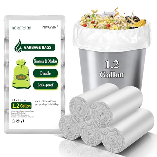 Small Compostable Trash Bags - 1.2 Gallon Biodegradable Mini Garbage Bag Unscented & Easy Tearing Bulk Car Waste Basket Liners Strong Thick 200 Count for Kitchen Bathroom Inwaysin