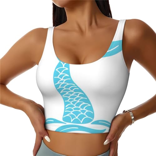 QAZWZML Camiseta deportiva sin mangas con estampado de cola de sirena para mujer con almohadillas extraíbles para el pecho para fitness, Negro, XL