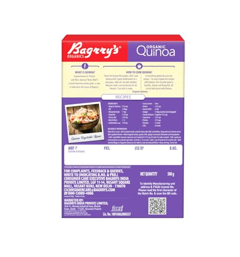 Image of Bagrry's 100% Organic Quinoa 500gm box | Gluten Free | Omega-3 | High in Fiber & Protein | All Natural Quinoa (Pack of 3)