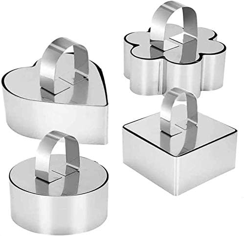 Stainless Steel 3D Cake Molds with Pusher Lifter Cooking Rings Set of 4,Baking Dish Bakeware Tools Cupcake Mold Mousse Ring Cheese Tools Salad Cake Dessert Mould(4 Different Shapes)