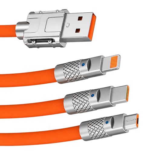 Image of Umake 100w Multi Device Fast Charging Cable 3-in-1, USB to Type-C, ios & Micro USB, High-Speed Charging and Data Transfer, Strong Metal Connector Design, 1M Orange