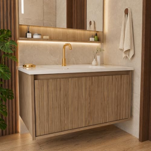 Image of 30 Inch Floating Bathroom Vanity with Ceramic Sink, Modern Striped Wall Mount Vanity Cabinet with Compartmentalized Storage Drawer, Walnut