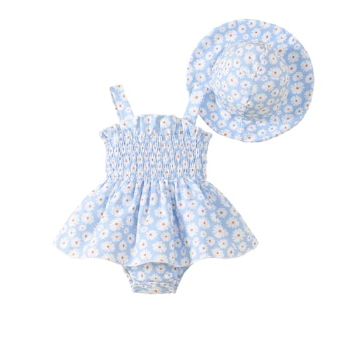 Image of Jeinxcn Toddler Baby Girl Summer Clothes Halter Floral Romper Dress Backless Outfits with Hat