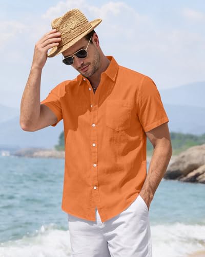 Image of J.VER Mens Linen Shirt Short Sleeve Button Down Casual Summer Shirts | Cotton Linen, Untucked, Big Tall, from Beach Camp Vacation, Cruise Fishing, Work Office, to Wedding Party Family, with Pocket