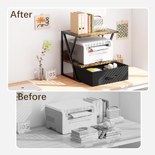 aboxoo Printer Stand for Desk with Storage Drawer, 2 Tier Desktop Or Under Desk Shelf, Multi-Purpose Desks Organizer for Home Office, fit Fax Machine/3D Printer/Scanner, Rustic Brown by aboxoo - Image 5