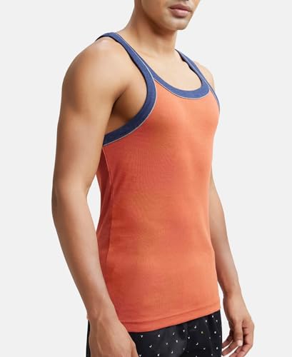 Image of Jockey US54 Men's Super Combed Cotton Rib Square Neckline Gym Vest with Back Panel Graphic Print (Shoulder Starp Color May Vary)
