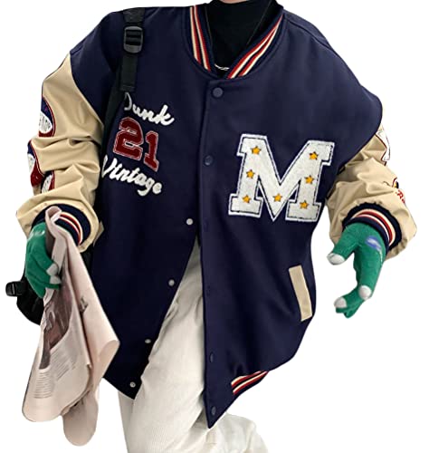 ORANDESIGNE Chaqueta de Béisbol Varsity Hombre Chaqueta de Bombardero Chaqueta de Piel Chaqueta de Béisbol Recortada para Mujer Abrigo de Bombardero con Bolsillos Y2k Streetwear I Marino L Cover