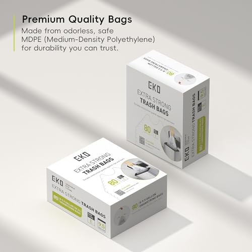 Image of EKO Easy-Dispense Roll 80 Count Extra-Strong Drawstring Tall Kitchen Trash Bag, 8-9.5 Gallon Trash Bag (30.3L-36L) 1 Pack White, Code E